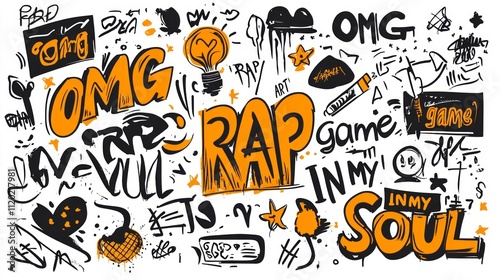 Hand-drawn graffiti-style illustration featuring words like 