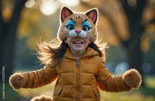 Portrait of a girl in a carnival cat mask. A girl in a cat costume runs on the street. The girl is a quadrober with a fluffy tail and mittens. photo