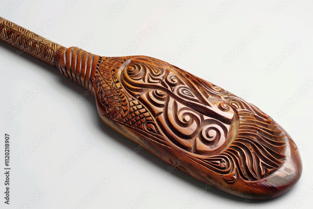 A beautifully carved wooden paddle featuring intricate patterns, showcasing cultural artistry and craftsmanship. A beautifully carved wooden paddle featuring intricate patterns, showcasing cultural artistry and craftsmanship.