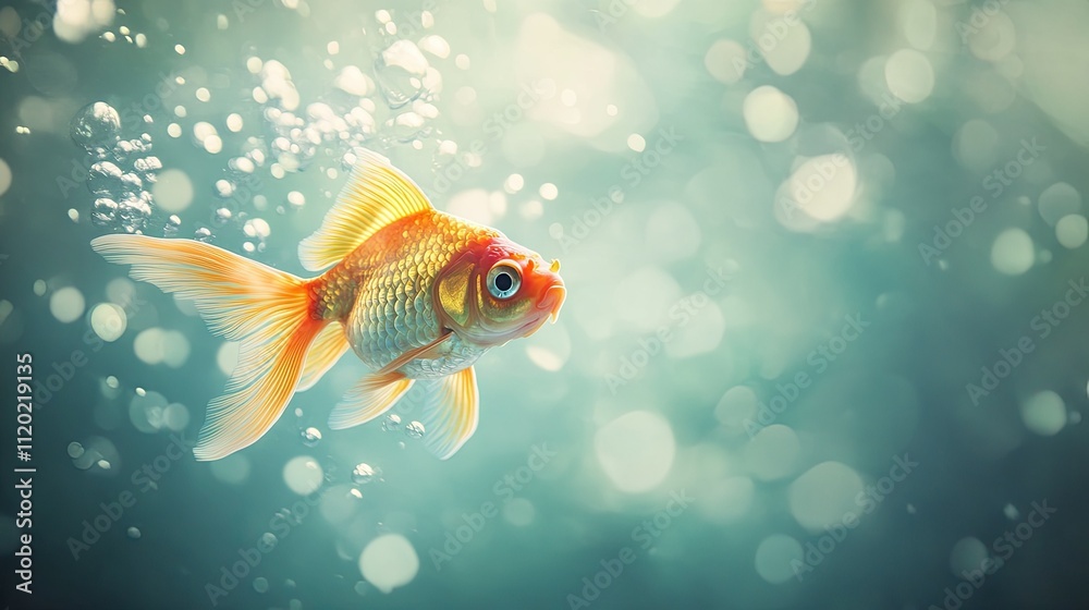 A dynamic shot of a goldfish swimming through a burst of bubbles, surrounded by soft, natural lighting. A dynamic shot of a goldfish swimming through a burst of bubbles, surrounded by soft, natural lighting.