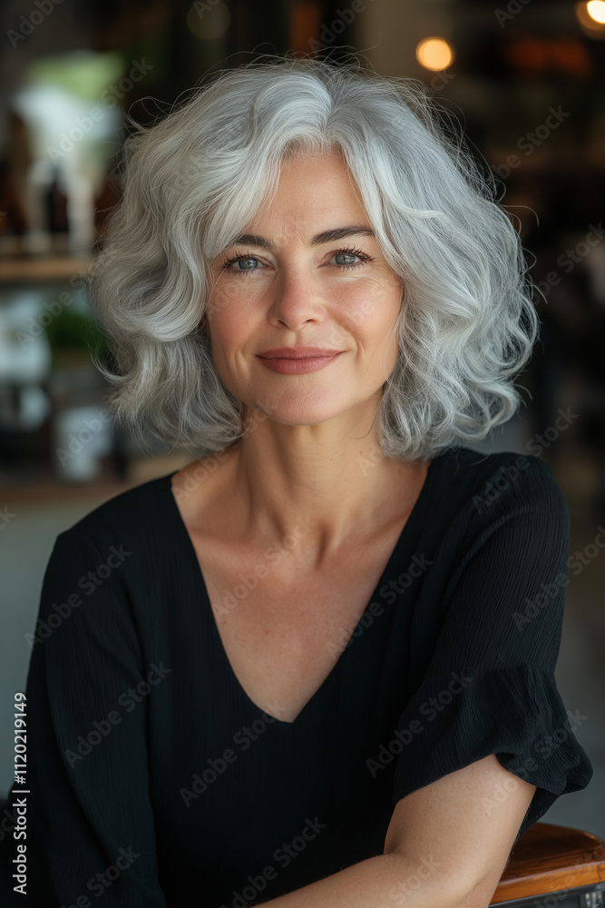 A portrait of an elegant woman in her fifties with short, curly silver hair sitting in the salon's chair, smiling and looking into the camera. 