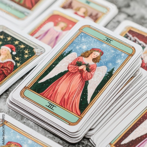 Christmas tarot card, A collection of beautifully illustrated tarot cards featuring an angelic figure in a pink robe, set against a snowy backdrop. photo