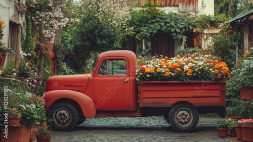 Red vintage pickup truck filled with vibrant flowers parked on cobblestone street