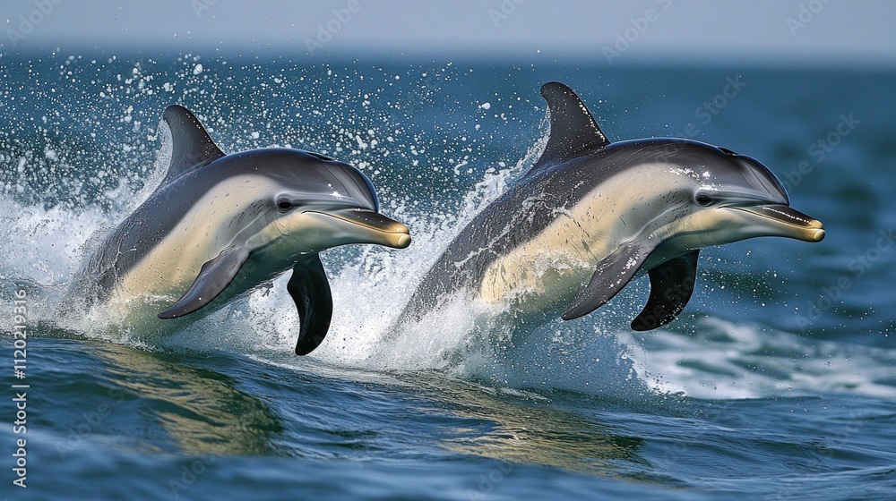 Obraz premium Two dolphins leaping from ocean waves.
