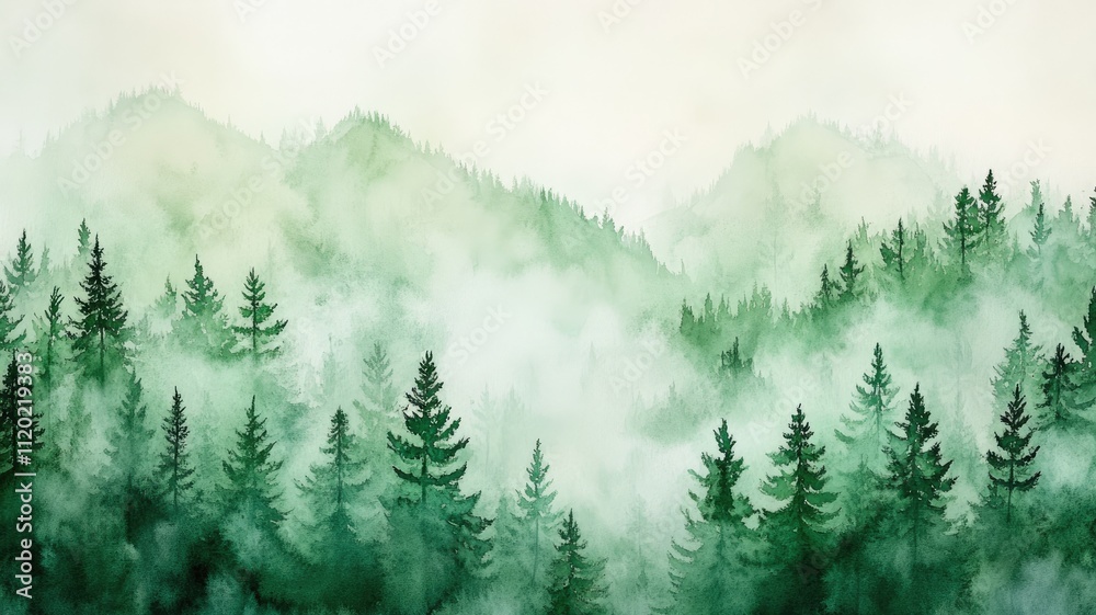 Fototapeta premium Misty forest with green pine trees and mountain backdrop