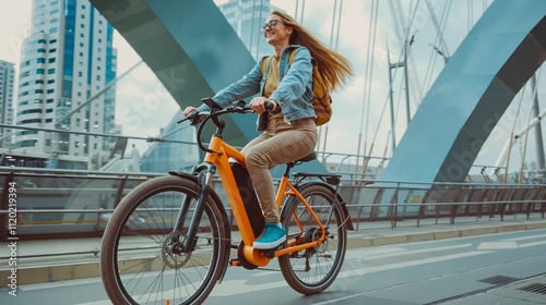 A woman riding an electric bike on a bridge