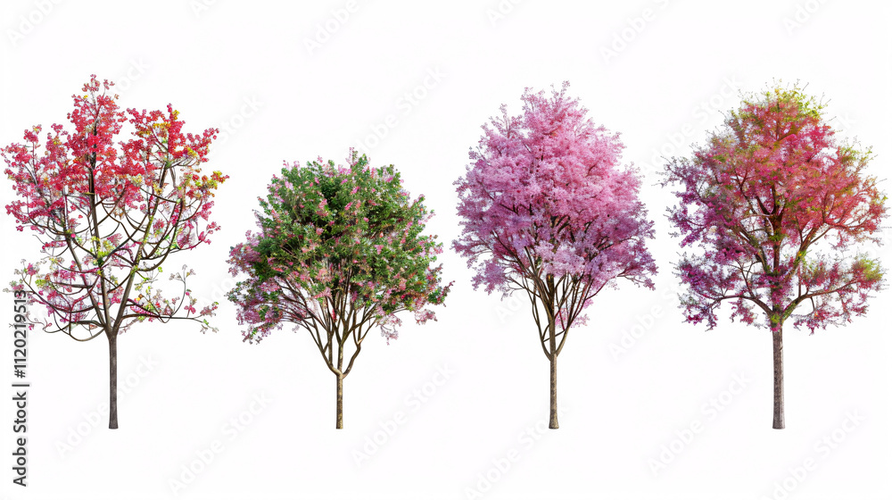 Fototapeta premium Cherry Bush, Dogwood, and Deciduous trees, isolated on a white background, used for architecture.