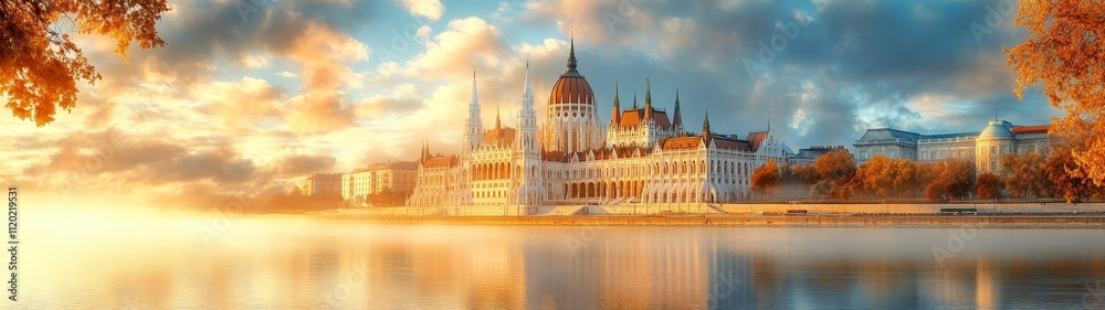 Fototapeta premium Stunning Panorama of the Pest Side of Budapest Showcasing Iconic Architecture and Scenic Views Over the Danube River in Vibrant Colors