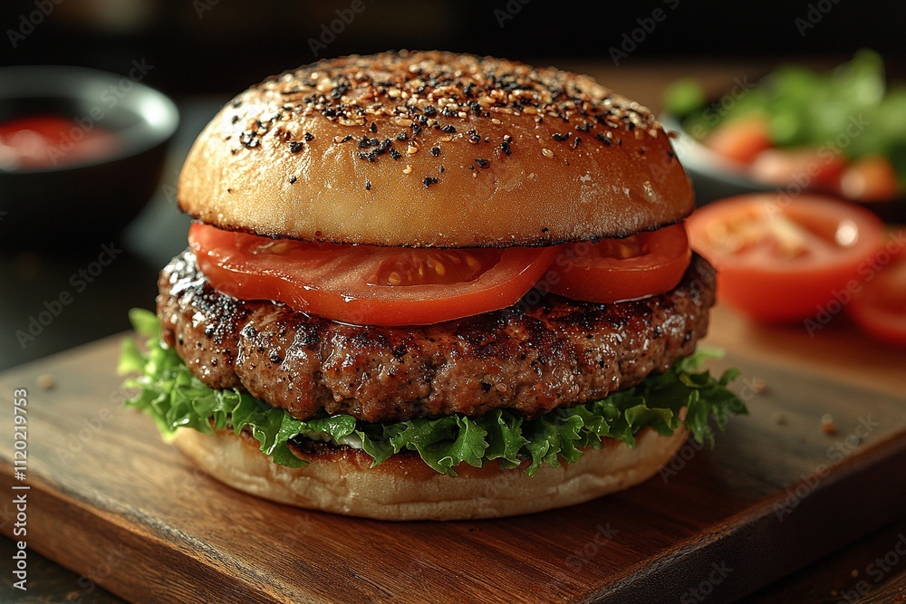 Juicy grilled beef burger on a sesame seed bun with lettuce and tomato. A delicious meal! Juicy grilled beef burger on a sesame seed bun with lettuce and tomato. A delicious meal!