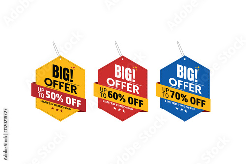 Big sale offer dangler Vector template design, 50% off, 60% off, 70% off,. Set of Sale banner and Discount label vector design. Super sale banner template. Special offer discount multiple color.