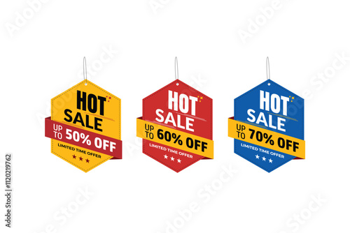 Hot sale offer dangler Vector template design, 50% off, 60% off, 70% off,. Set of Sale banner and Discount label vector design. Super sale banner template. Special offer discount multiple color.