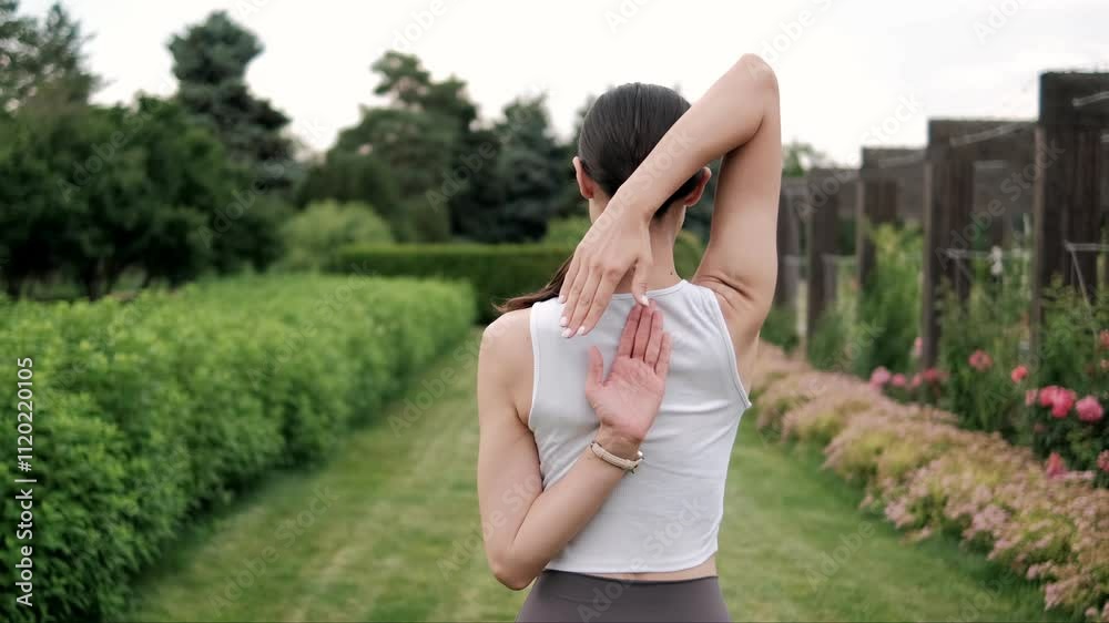 Young woman practicing yoga in an outdoor setting, executing a variation of gomukhasana to improve flexibility in her arms and shoulders