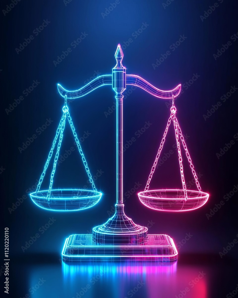 Stylized neon scales of justice representing balance and equality in society. Stylized neon scales of justice representing balance and equality in society.