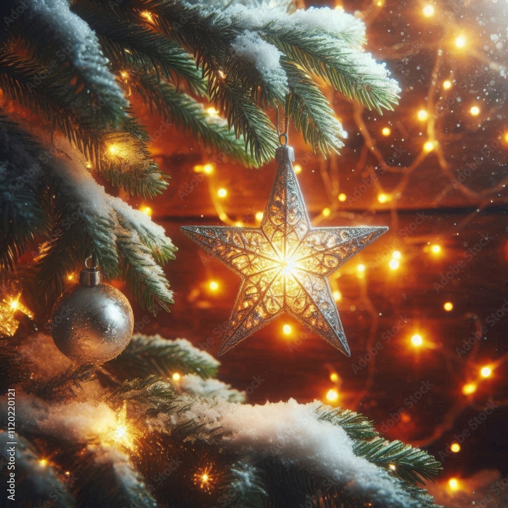 Glowing Star Ornament on Christmas Tree Glowing Star Ornament on Christmas Tree
