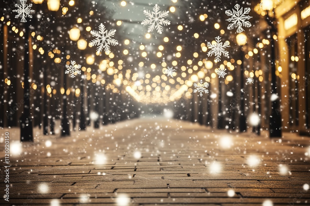 Fototapeta premium Snowflakes falling on illuminated night street, festive vibe