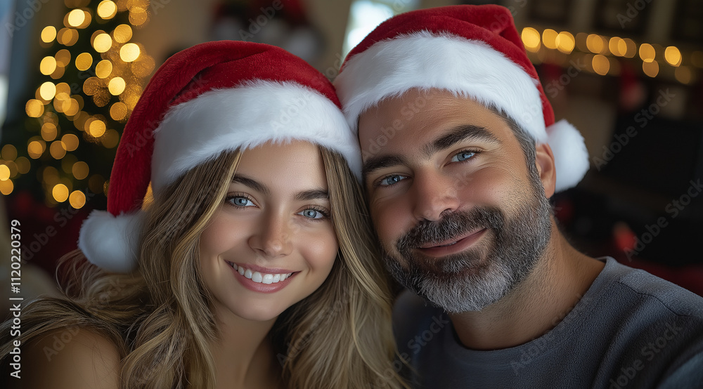 Photo of a happy father and daughter in Santa hats, in a Christmas-themed setting. The young woman has long blonde hair, blue eyes, and brown eye shadow. She is wearing a tight-fit Photo of a happy father and daughter in Santa hats, in a Christmas-themed setting. The young woman has long blonde hair, blue eyes, and brown eye shadow. She is wearing a tight-fit