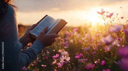 Peaceful Sunset Bible Study in a Field of Cosmos Flowers