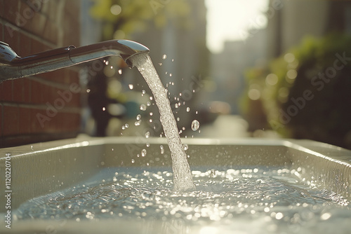 Water flowing from the faucet of an outdoor sink, water spout in close-up. The water flow is in motion, clear and crisp. Bright daylight with a blurred background to focus on the d photo