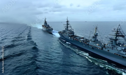 Two naval ships maneuvering through the ocean, showcasing maritime operations and military presence.