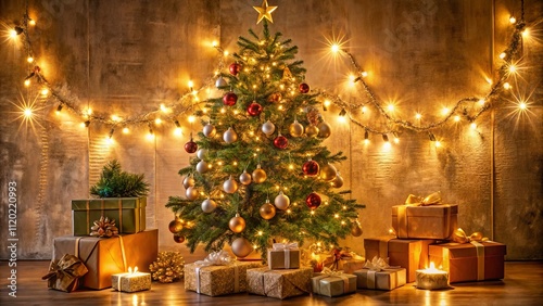 Festive Christmas Tree with Gifts and Lights photo