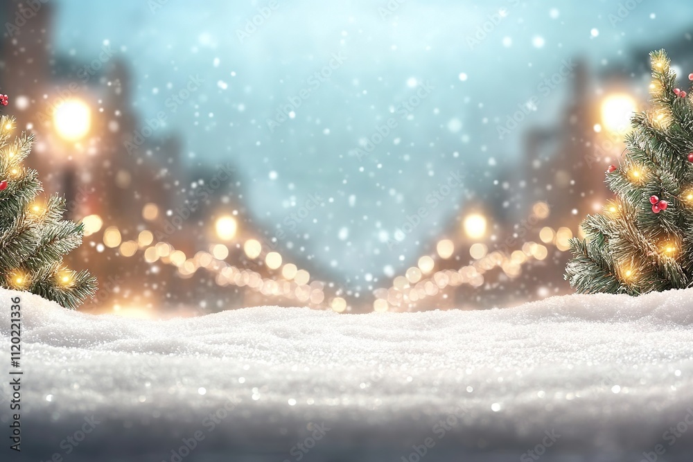 Snowy scene with Christmas trees and festive lights in cityscape Snowy scene with Christmas trees and festive lights in cityscape