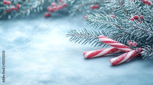 Snowy light-blue background Christmas tree branches with candy canes and red berries.