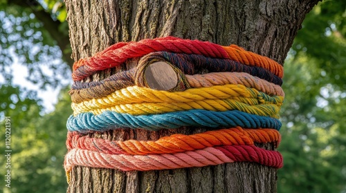 Colorful ropes wrapped around a tree trunk in natural setting photo