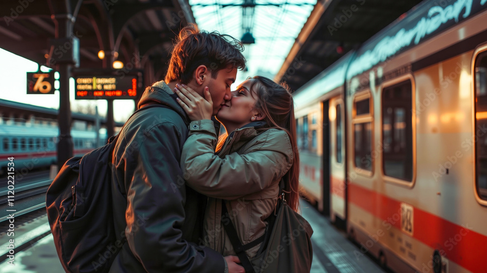A man and woman kissing in front of a train at a train station A man and woman kissing in front of a train at a train station
