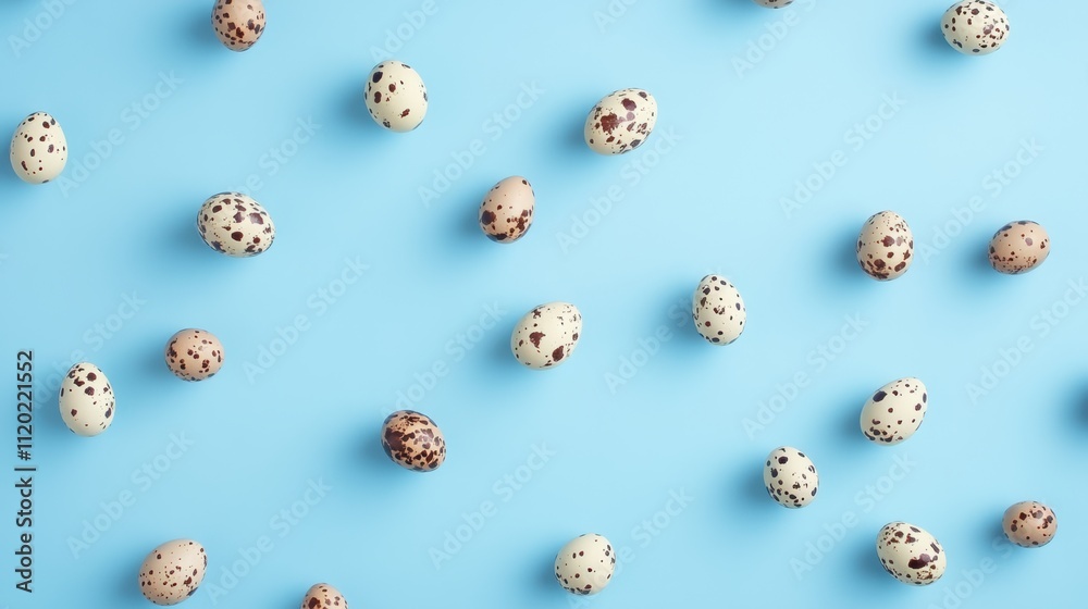 Festive Easter Party Layout with Quail Eggs on Pastel Blue Background and Central Space for Text Festive Easter Party Layout with Quail Eggs on Pastel Blue Background and Central Space for Text
