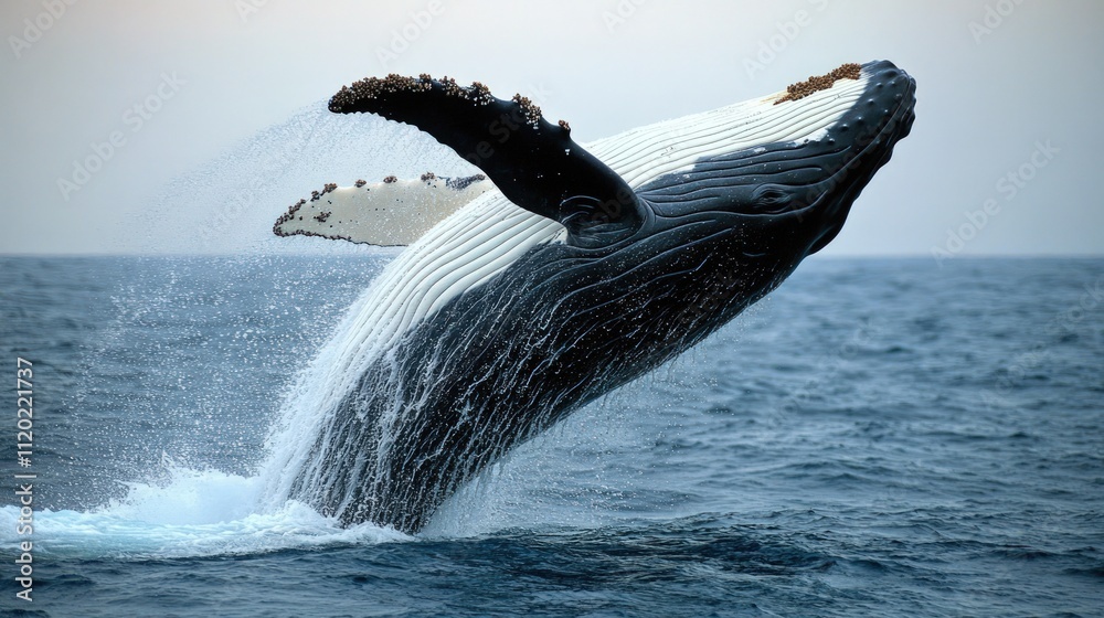 Obraz premium Humpback whale breaching, ocean, water, wildlife.