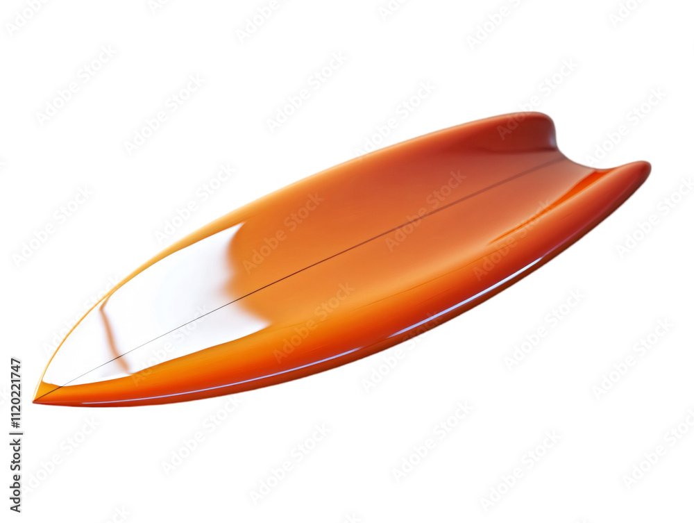 A sleek orange surfboard with smooth contours and a glossy finish, designed for performance in water sports on transparent background.