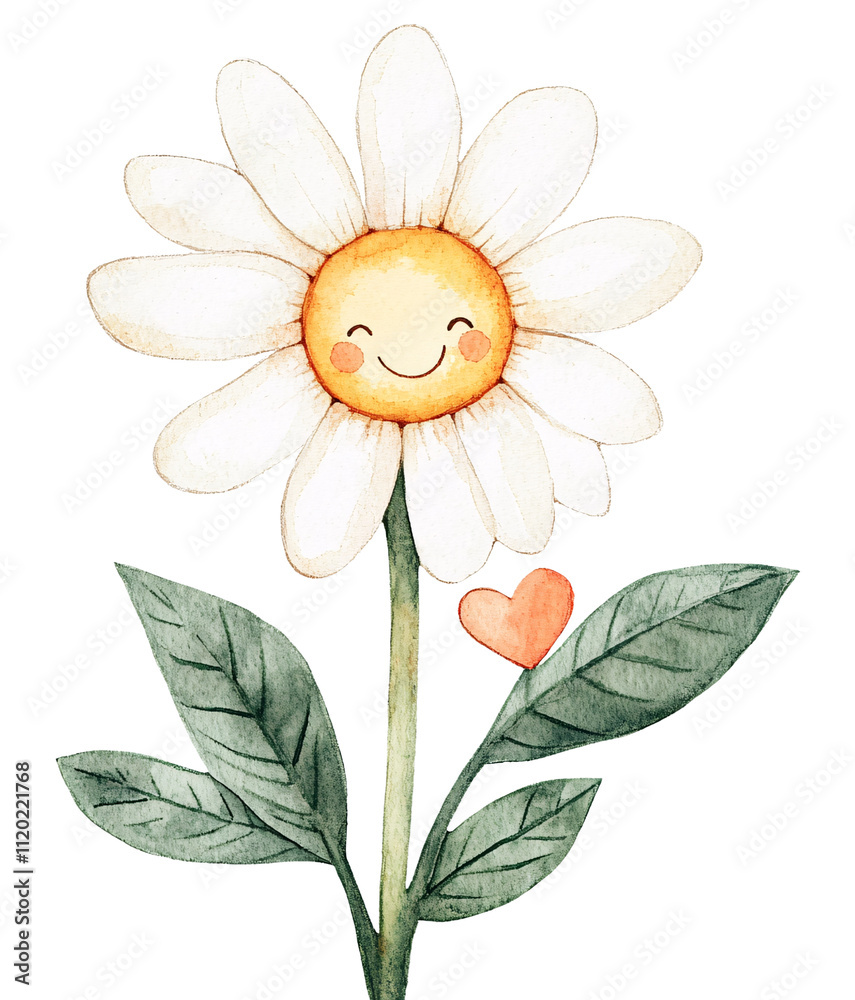 Fototapeta premium Charming smiling daisy in soft watercolor hues, perfect for romantic expressions and heartfelt messages, ideal for Valentine watercolor clipart collections.
