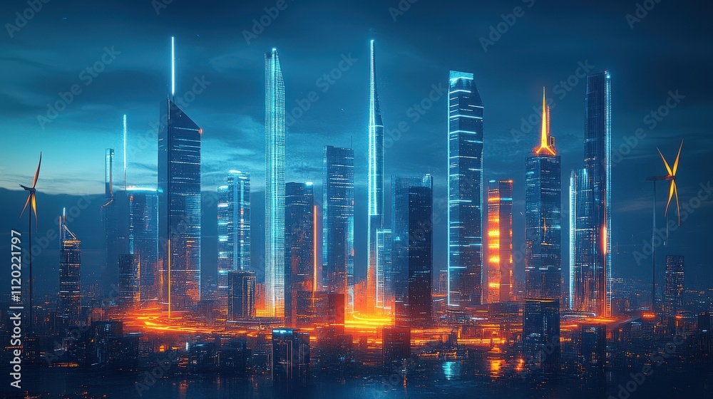 A futuristic city skyline bathed in blue and orange lights, showcasing tall skyscrapers and a vibrant atmosphere. A futuristic city skyline bathed in blue and orange lights, showcasing tall skyscrapers and a vibrant atmosphere.