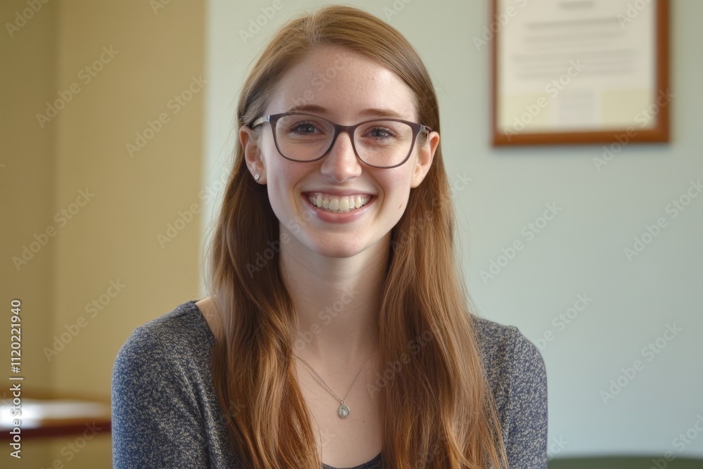 A photo of a young woman with long, straight brown hair and glasses, smiling at the camera. A photo of a young woman with long, straight brown hair and glasses, smiling at the camera.