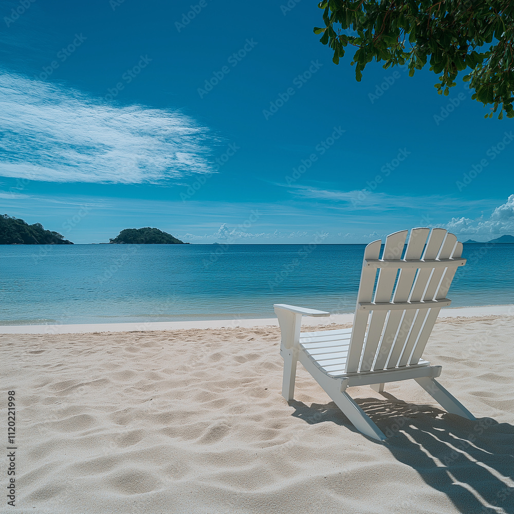 A white wooden beach chair on the sand of an exotic island, clear blue sky and calm sea in the background, soft sunlight casting gentle shadows over the scene. Photography, shot wi A white wooden beach chair on the sand of an exotic island, clear blue sky and calm sea in the background, soft sunlight casting gentle shadows over the scene. Photography, shot wi