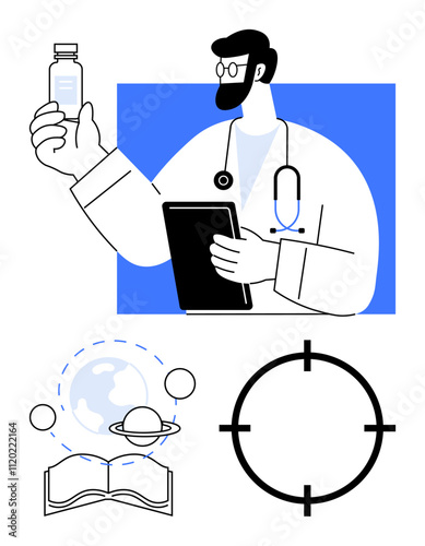 Doctor in white coat holding tablet and medicine bottle. Open book with planetary icons and target symbol. Ideal for healthcare, education, research, space exploration, technology, innovation