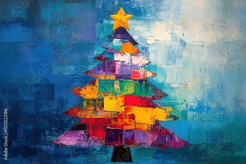 Colorful abstract Christmas tree painting with a yellow star