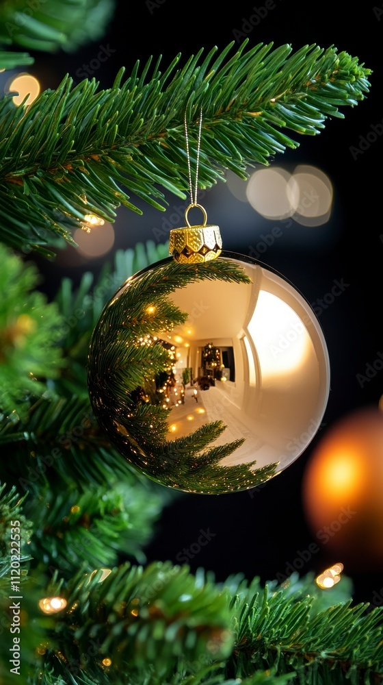 Pine Fairy Box Shiny Gold Christmas Ornament Hanging on Green Pine Tree Branch