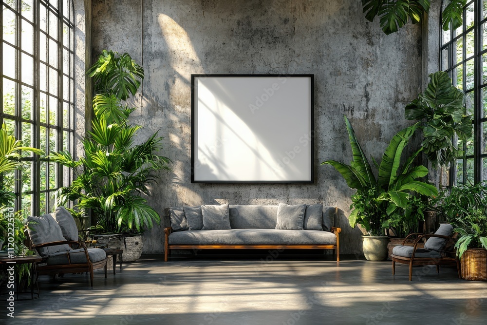 A modern living space with a sofa, plants, and a blank frame for artwork.