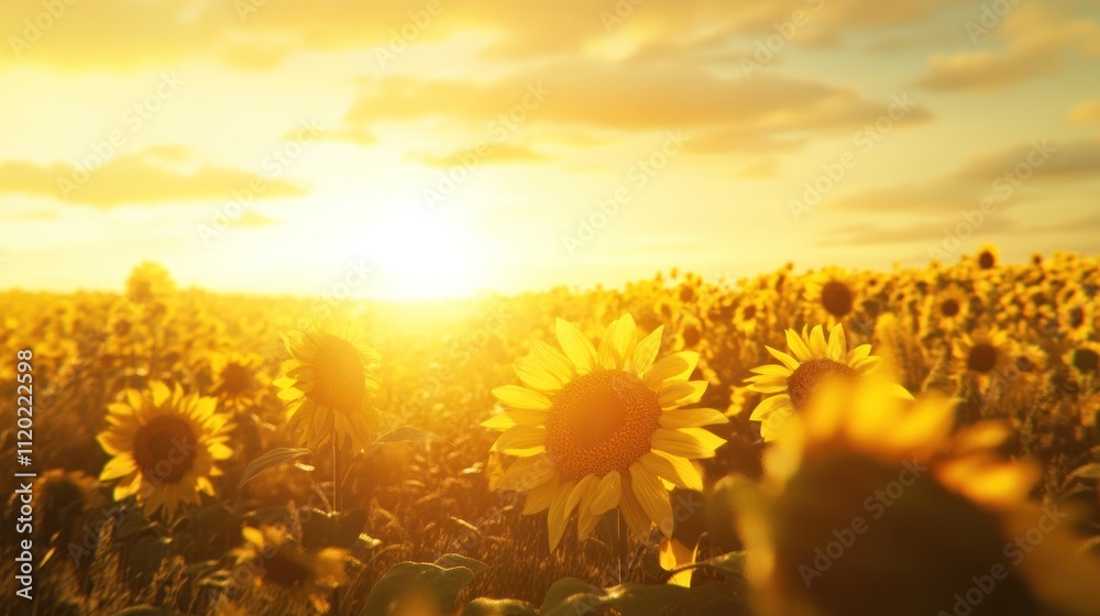 Fototapeta premium Sunlit sunflowers in a vast field at sunset.