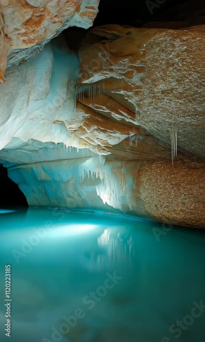 A cave with a blue river running through it. The cave is illuminated by a light, creating a serene and peaceful atmosphere photo