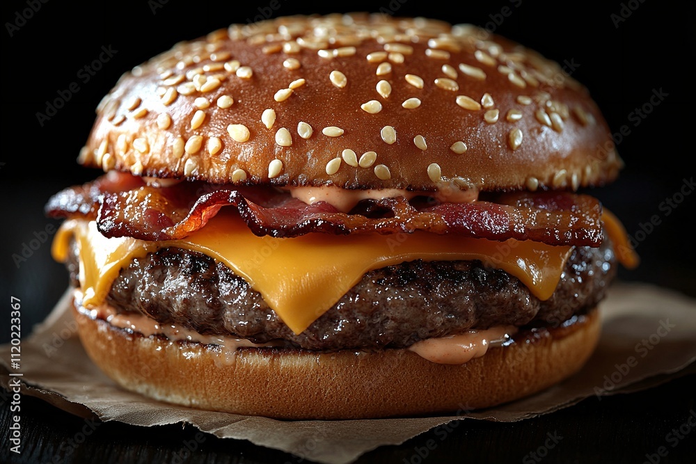 Juicy beef burger with melted cheese and crispy bacon on a sesame seed bun. A delicious fast food classic! Juicy beef burger with melted cheese and crispy bacon on a sesame seed bun. A delicious fast food classic!