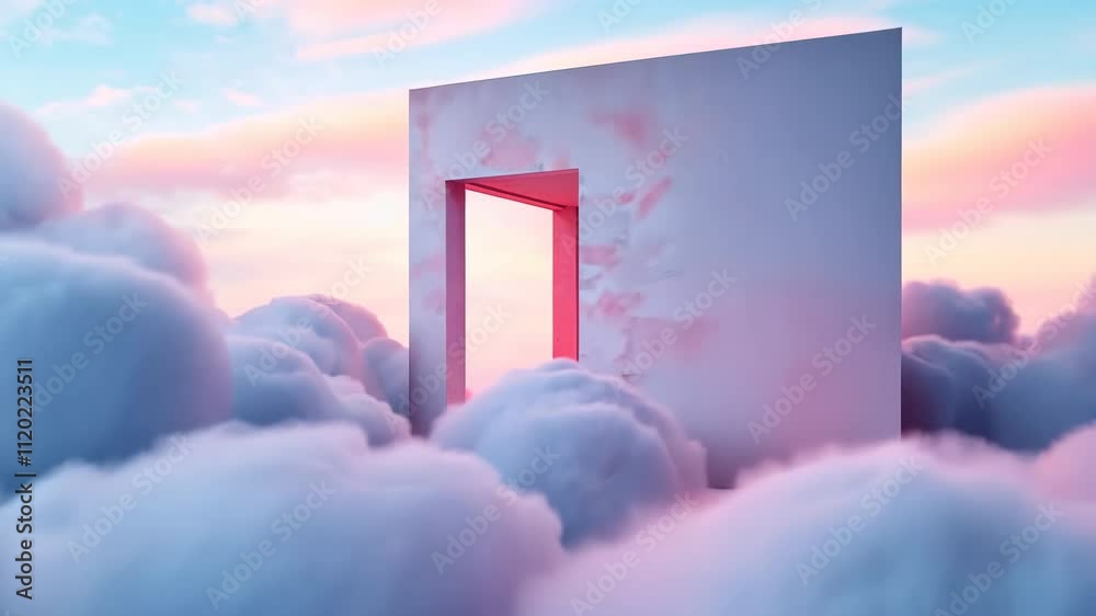 A white building with a pink door and a pink sky. The sky is filled with clouds and the door is open