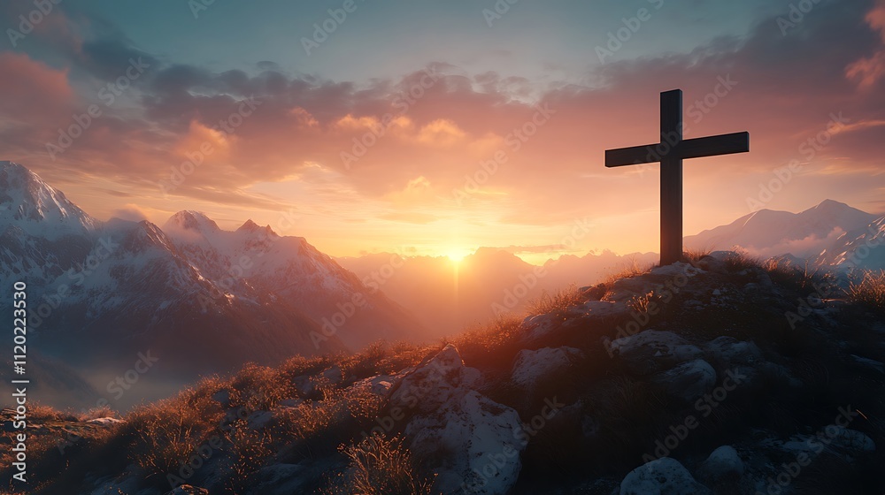 Majestic Sunset Silhouette of a Cross Atop a Mountain Peak Majestic Sunset Silhouette of a Cross Atop a Mountain Peak