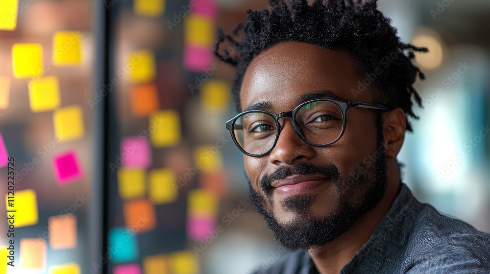 Fototapeta premium Young man with glasses smiles warmly while sitting by a window adorned with colorful sticky notes