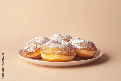 Powdered sugar donuts on plate with beige background