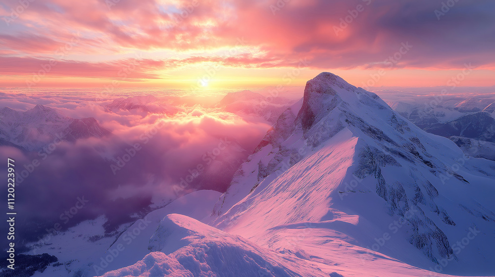 Naklejka premium Breathtaking Winter A stunning aerial view of snow-capped mountain peaks bathed in the warm hues of a winter sunrise.Sunrise Over Snowy Mountain Peaks.