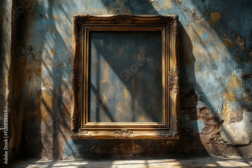 An ornate picture frame stands against a weathered wall, illuminated by soft light.