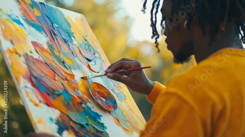 Man paints vibrant artwork outdoors.