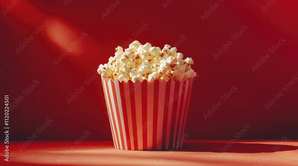 Freshly Popped Popcorn in Classic Red and White Striped Container Against Vibrant Red Background Perfect for Movie Nights and Snack Lovers Freshly Popped Popcorn in Classic Red and White Striped Container Against Vibrant Red Background Perfect for Movie Nights and Snack Lovers